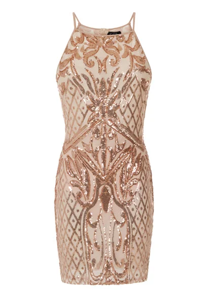 Tiara Rose Gold Sheer Sequin Embellished Transparent Mini Dress Trendy Crossover Mini Dress