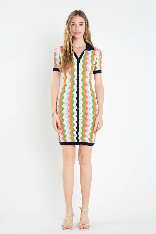 English Factory - Wavy Stripes Knit Mini Dress Comfortable One-Shoulder Mini Dress