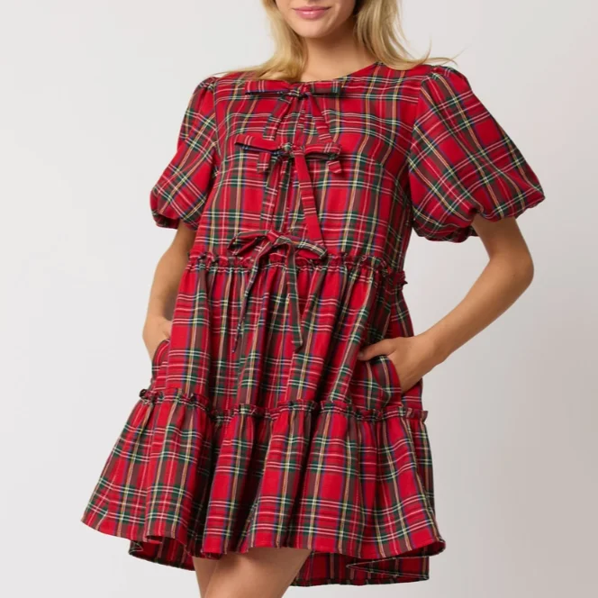 What a Gift Christmas Plaid Bubble Sleeve Mini Dress Comfortable Boho Mini Dress