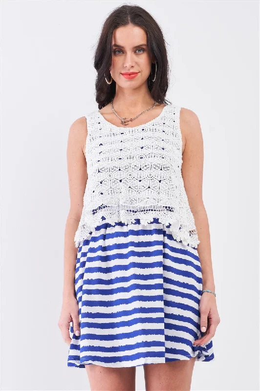 White & Navy Horizontal Striped Round Neck Sleeveless Floral Embroidery Layered Top Mini Dress Fashionable Lace Mini Dress White & Navy Horizontal Striped Round Neck Sleeveless Floral Embroidery Layered Top Mini Dress Fashionable Lace Mini Dress