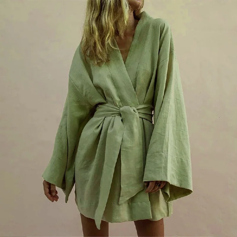 Women's V-Neck Kimono Cardigan Mini Dress Cotton Linen Long Sleeve Sashes Dresses Robe Style Lace Up Summer Loose Vestidos Elegant Silk Mini Dress Women's V-Neck Kimono Cardigan Mini Dress Cotton Linen Long Sleeve Sashes Dresses Robe Style Lace Up Summer Loose Vestidos Elegant Silk Mini Dress