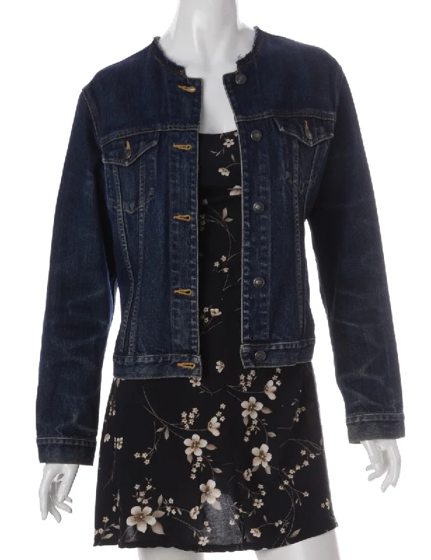 Label Indigo Collarless Denim Jacket Welt Pockets Slit Pockets Flap Pockets