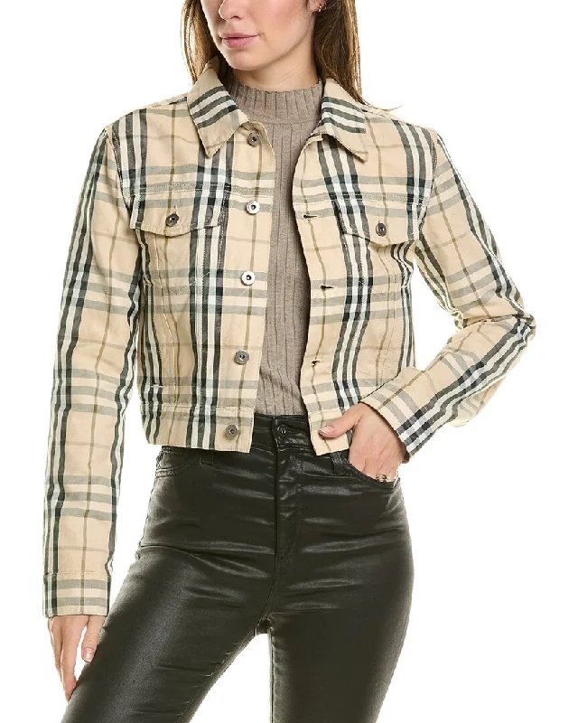 Burberry Cropped Check Denim Jacket Zippered Front Buttoned Front Snap Front