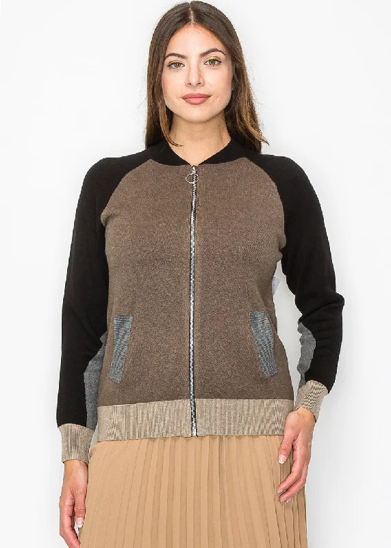 Color-Block Taupe Knit Jacket Hooded Jacket Caped Jacket Shawl Collar Jacket