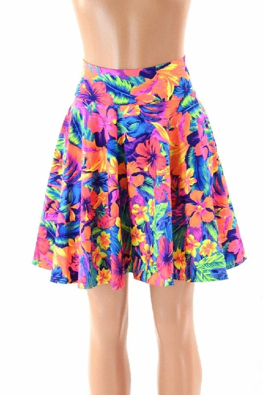 19" Neon Tahitian Floral Skater Skirt denim skirt classic