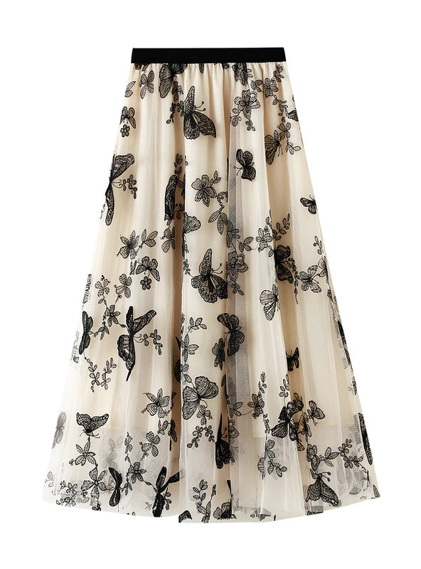 BUTTERFLY MESH MEDIUM LONG SKIRT linen skirt airy