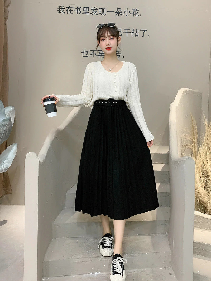 ELASTIC WAIST LONG VERSATILE PLEATED SKIRT breathable skirt fabric