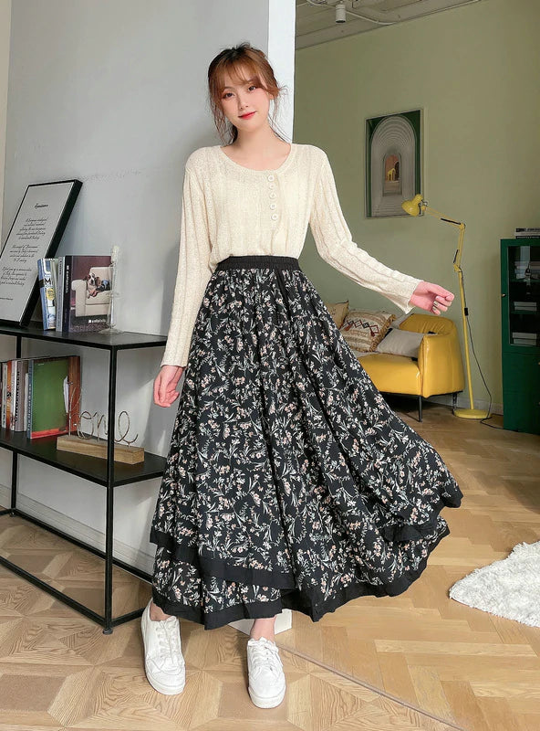 FAKE TWO-PIECE RETRO FLORAL MOSAIC BIG SWING SKIRT chiffon skirt delicate