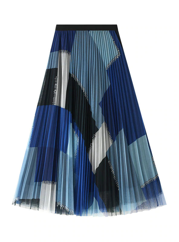 HIGH WAIST PLEATED LONG PLAID GAUZE SKIRT belted skirt waist