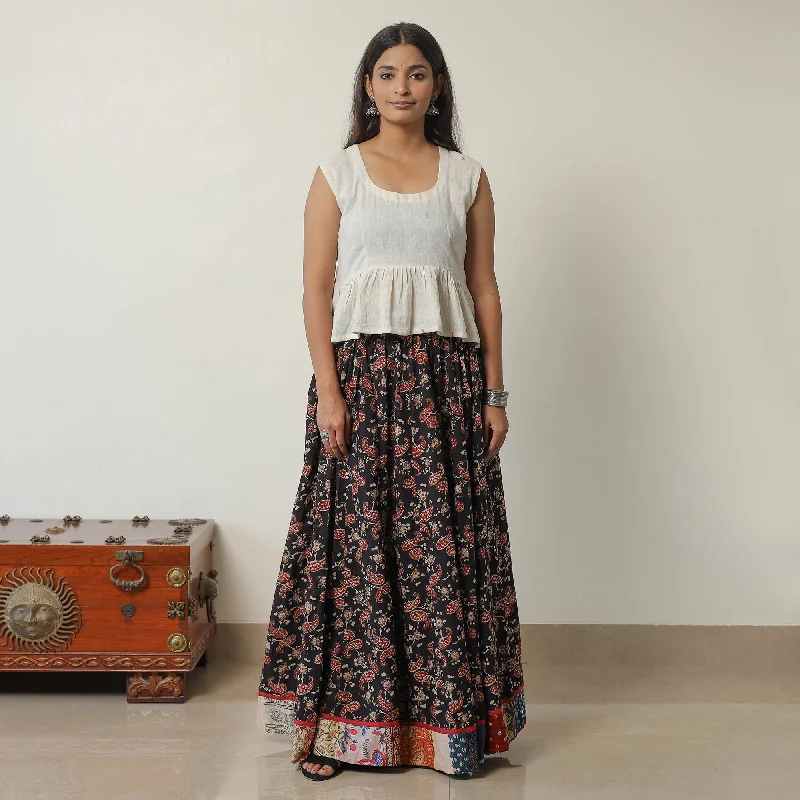 Black - Bagru Block Printed 24 Kali Patchwork Cotton Long Skirt 36 linen skirt airy