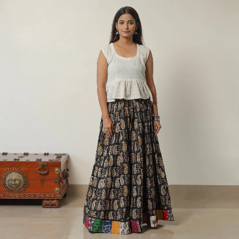 Black - Bagru Block Printed 24 Kali Patchwork Cotton Long Skirt 40 chiffon skirt airy