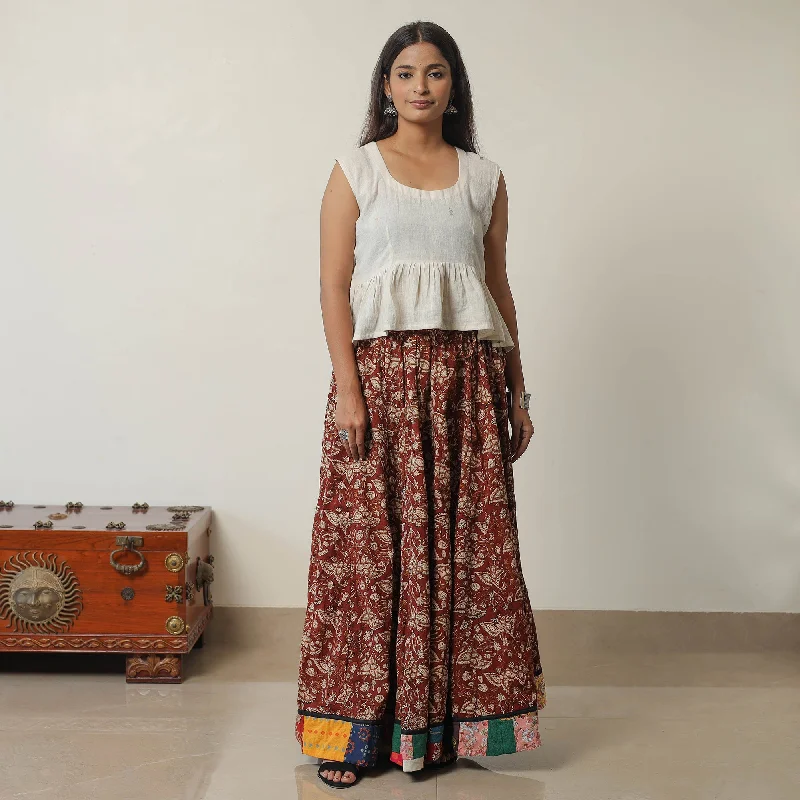 Maroon - Bagru Block Printed 24 Kali Patchwork Cotton Long Skirt 41 cashmere skirt plush