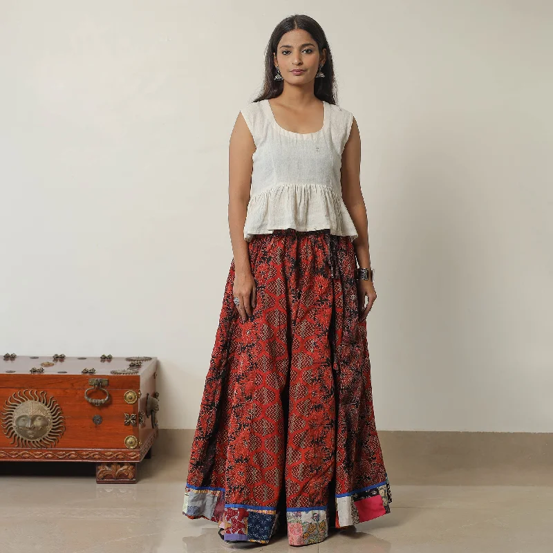 Red - Ajrakh Block Printed 24 Kali Patchwork Cotton Long Skirt 44 leather skirt modern