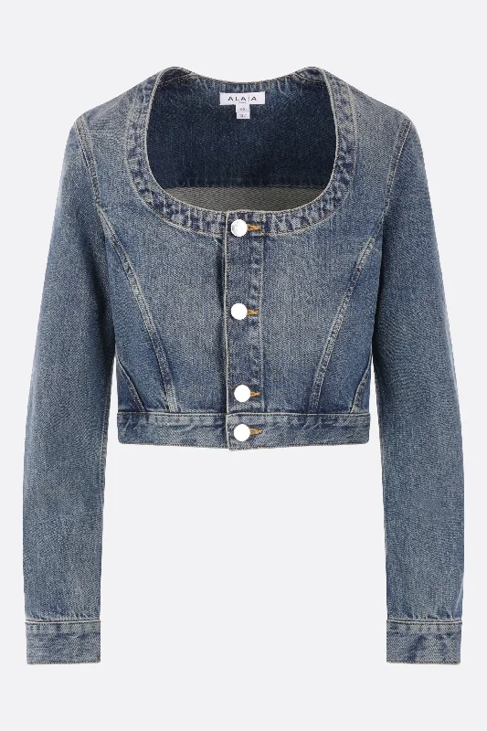 denim cropped jacket Notch Collar Peter Pan Collar Cowl Neck