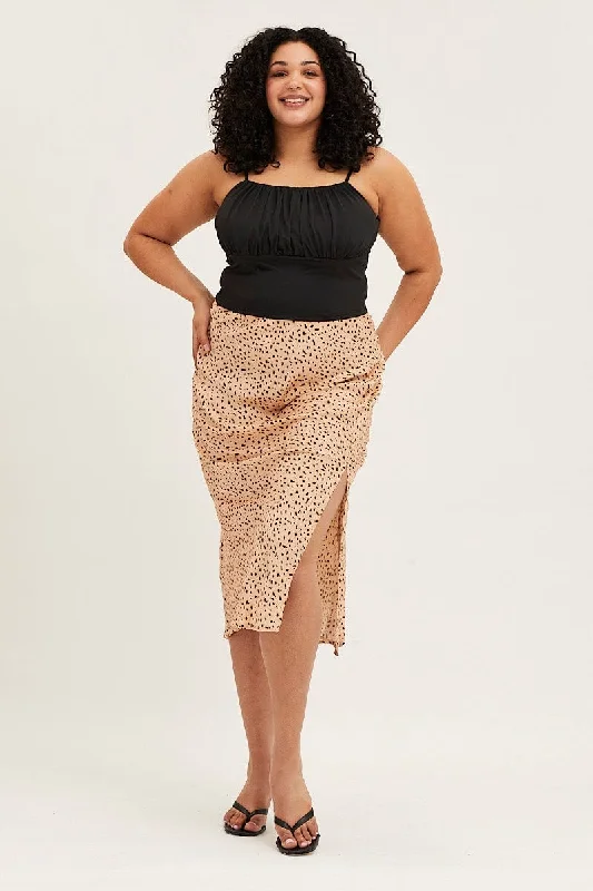 Animal Print Satin Slit Midi Skirt velvet skirt glossy