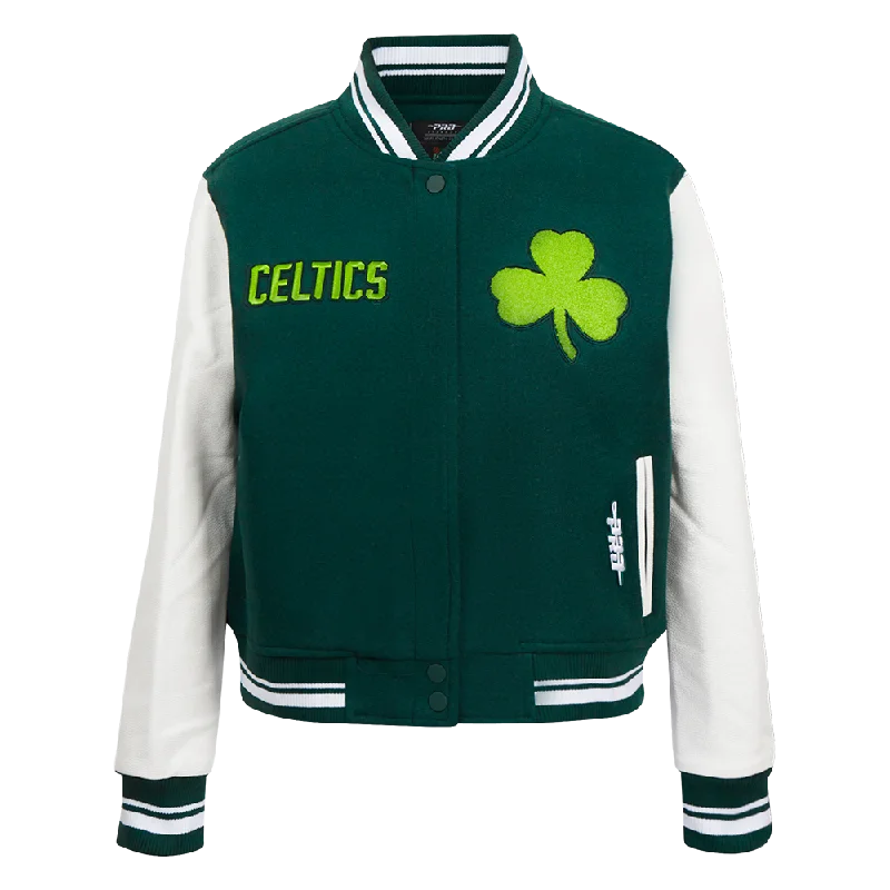 NBA BOSTON CELTICS CITY EDITION 24-25 WOMEN'S RIB WOOL VARSITY JACKET (FOREST GREEN/WHITE) One-Shoulder Jacket Off-the-Shoulder Jacket Asymmetrical Jacket NBA BOSTON CELTICS CITY EDITION 24-25 WOMEN'S RIB WOOL VARSITY JACKET (FOREST GREEN/WHITE) One-Shoulder Jacket Off-the-Shoulder Jacket Asymmetrical Jacket
