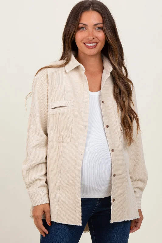 Beige Corduroy Fringe Hem Maternity Shirt Jacket Knit Fabric Woven Fabric Fleece Fabric Beige Corduroy Fringe Hem Maternity Shirt Jacket Knit Fabric Woven Fabric Fleece Fabric