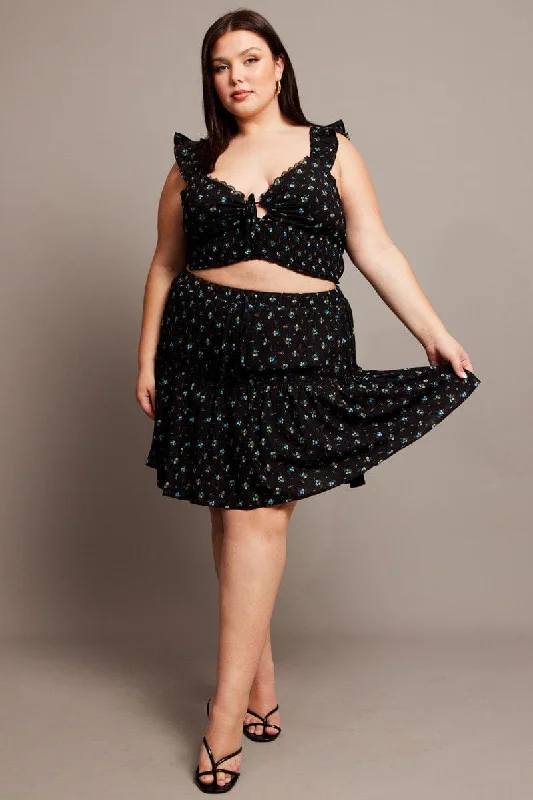 Black Ditsy Frill Hem Mini Skirt leather skirt bold