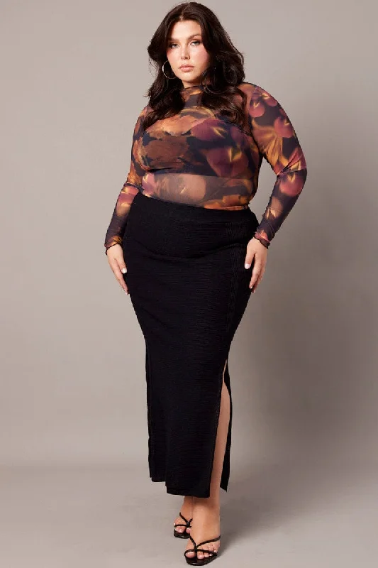 Black Double Split Knit Midi Skirt lace skirt romantic