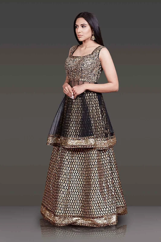 Black Net Peplum Silk Skirt and Net Dupatta with Gold Zari Embroidery spandex blend skirt Black Net Peplum Silk Skirt and Net Dupatta with Gold Zari Embroidery spandex blend skirt