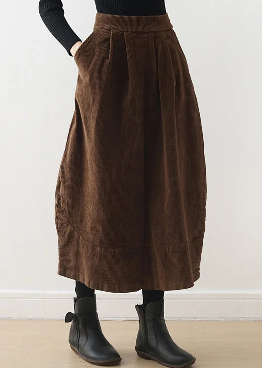 Bohemian Brown Oversized Patchwork Pockets Corduroy Skirt Spring satin skirt smooth