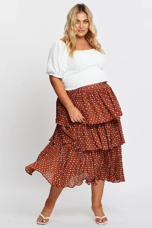 Brown High Waist Frill Tiered Midi Skirt vintage skirt charm