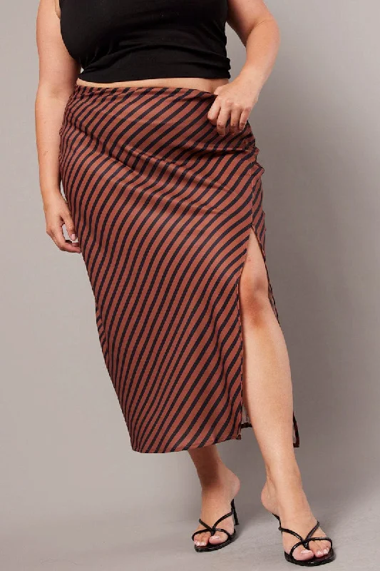 Brown Stripe Stripe Split Midi Skirt silk skirt smooth