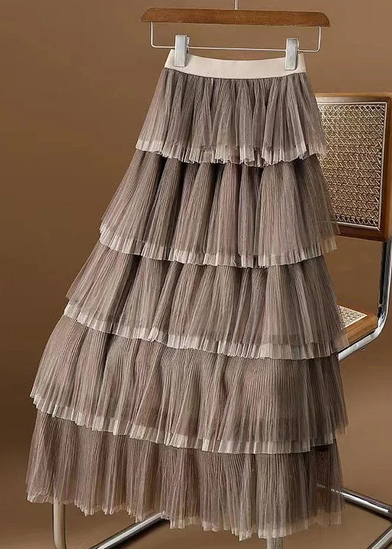 Chic Coffee Wrinkled Layered Elastic Waist Tulle Skirt Spring asymmetrical skirt cut Chic Coffee Wrinkled Layered Elastic Waist Tulle Skirt Spring asymmetrical skirt cut