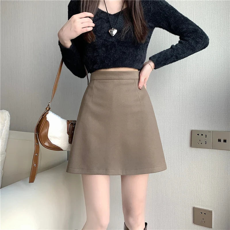 FashionSierra - 2024 New Autumn Winter Wool Mini Women Fashion High Waist A-line Woolen Short Ladies Package Hip Skirt linen skirt natural