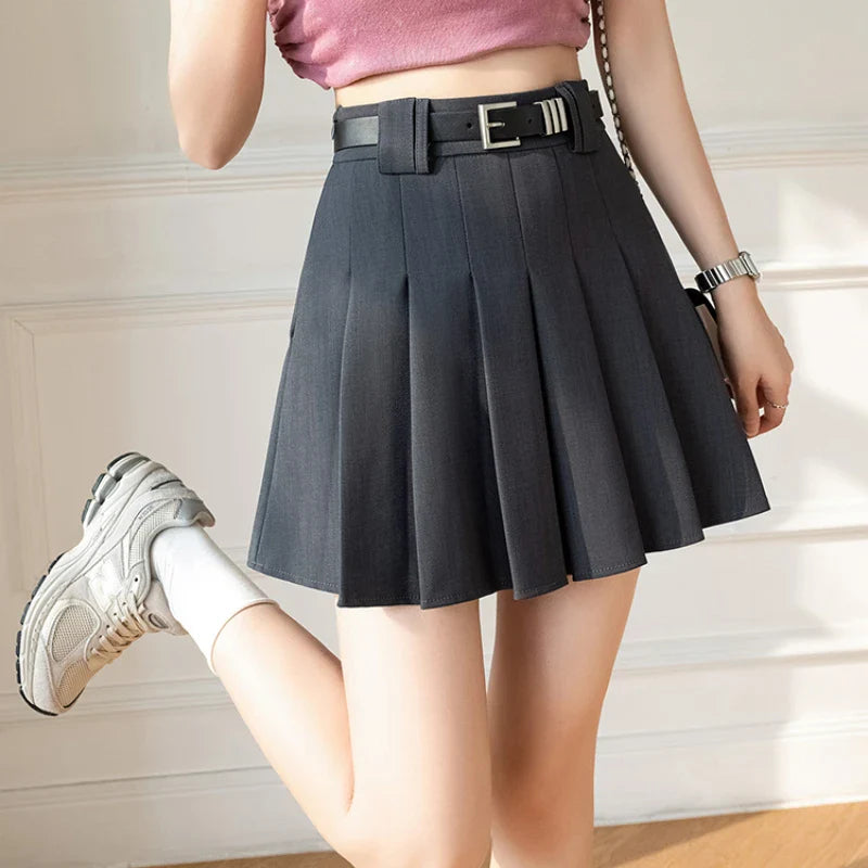 FashionSierra - 2024 New Summer High Waist A-line Pleated Mini Korean Fashion Suit Gray Women Casual Short With Belt Skirt flowy skirt hem