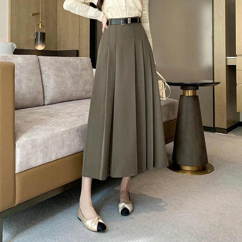 FashionSierra - Midi Women 2024 Spring Summer High Waist A-line Pleated Korean Casual Long Suit Ladies Fashion Umbrella Skirt leather skirt modern