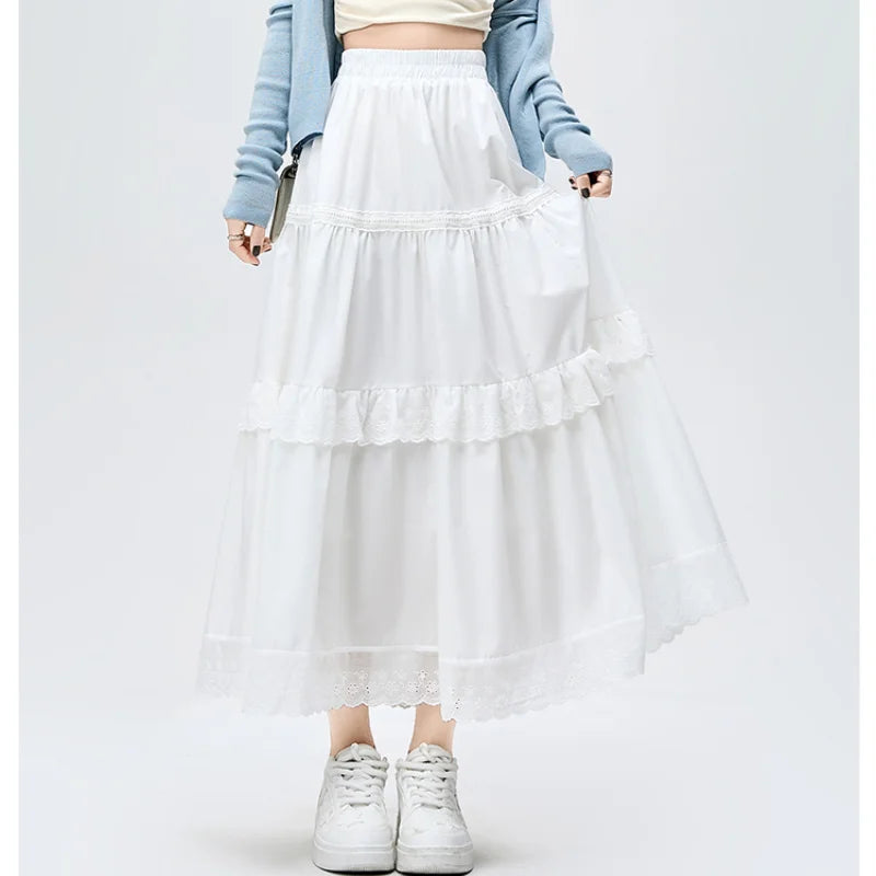 French Style Lace Stitching White Long Women Spring Summer New Fashion High Waist A-line Pleated Woman Casual Skirt denim skirt stylish French Style Lace Stitching White Long Women Spring Summer New Fashion High Waist A-line Pleated Woman Casual Skirt denim skirt stylish