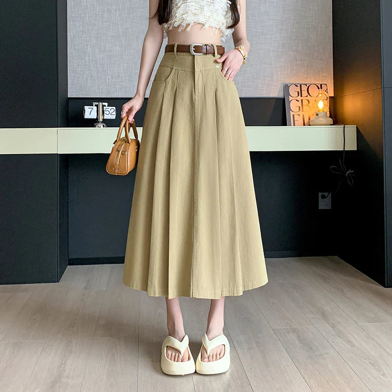 FashionSierra - New High Waist A-line Midi Pleated Denim Long Skirt denim skirt classic FashionSierra - New High Waist A-line Midi Pleated Denim Long Skirt denim skirt classic