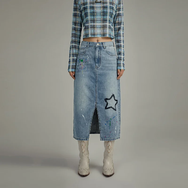 Star Denim Long Slit Skirt linen skirt breathable