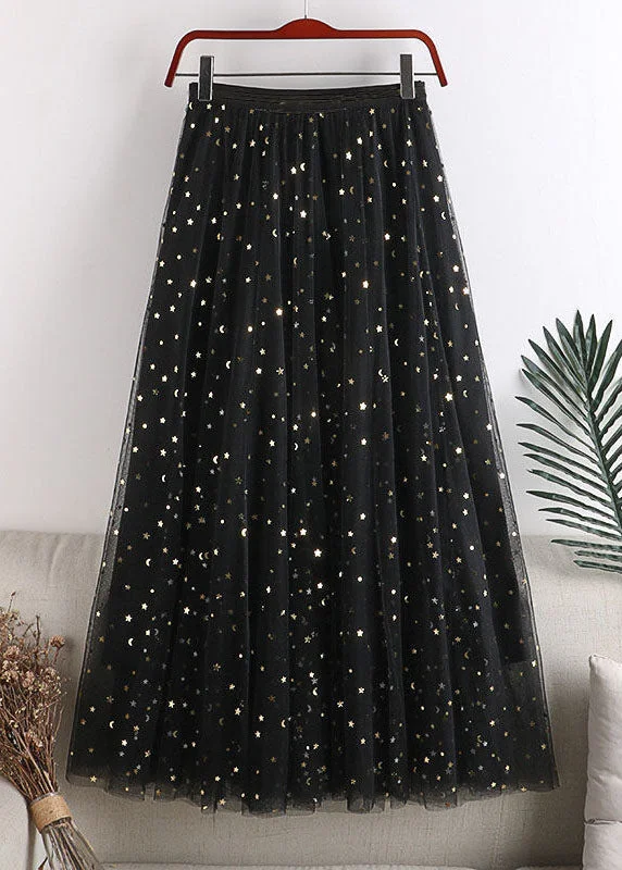 Fashion Black Elastic Waist Sequins Tulle Skirts Spring linen skirt natural