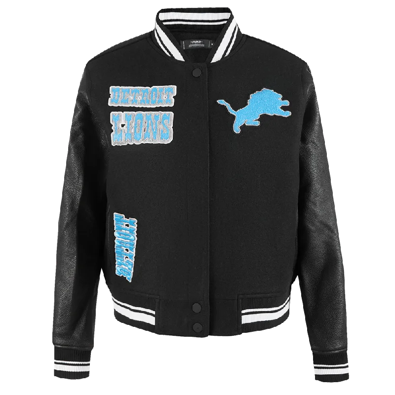 NFL DETROIT LIONS RETRO CLASSIC WOMEN'S RIB WOOL VARSITY JACKET (BLACK) Print Jacket Jacquard Jacket Embroidered Jacket NFL DETROIT LIONS RETRO CLASSIC WOMEN'S RIB WOOL VARSITY JACKET (BLACK) Print Jacket Jacquard Jacket Embroidered Jacket