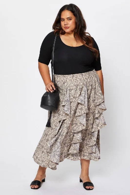 Floral Print Midi Skirt Ruffle Hem cashmere skirt soft