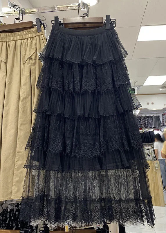 French Black Lace Wrinkled High Waist Tulle Skirt Summer linen skirt light