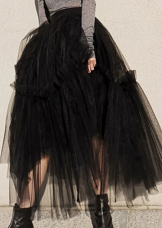 French Black Ruffled High Waist Tulle Skirts Summer denim skirt classic