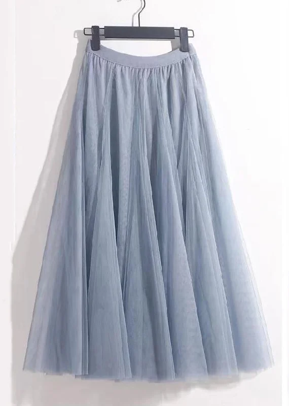 French Haze Blue Elastic Waist Tulle Pleated Skirt Summer wool skirt sturdy