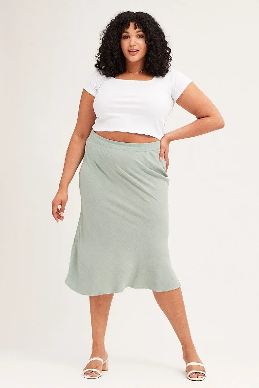 Green Elastic Waist Bias Linen Blend Skirt leather skirt bold