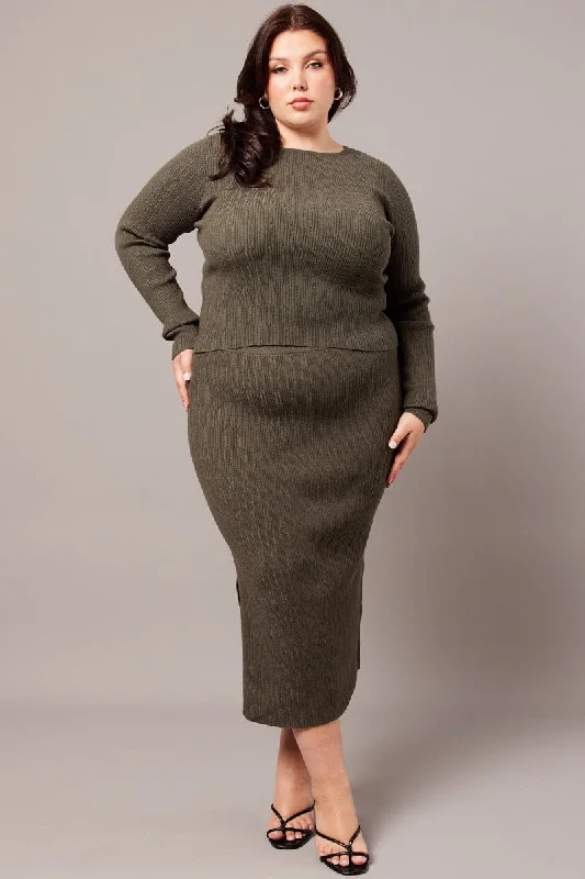 Green Rib Knit Midaxi Bodycon Skirt wool skirt sturdy
