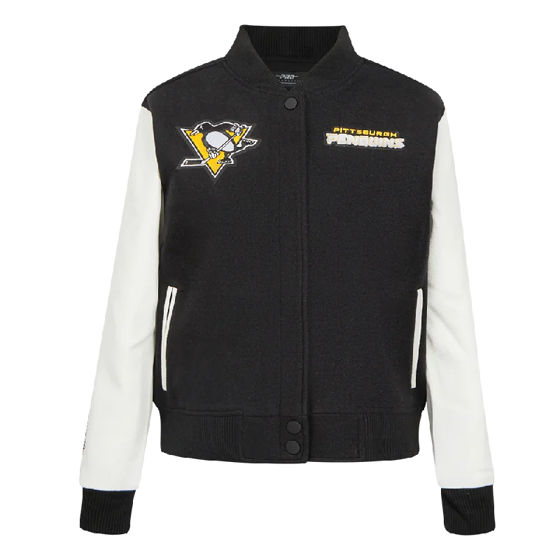 NHL PITTSBURGH PENGUINS CLASSIC WOMEN'S VARSITY JACKET (BLACK/WHITE) Satin Jacket Silk Jacket Chiffon Jacket NHL PITTSBURGH PENGUINS CLASSIC WOMEN'S VARSITY JACKET (BLACK/WHITE) Satin Jacket Silk Jacket Chiffon Jacket