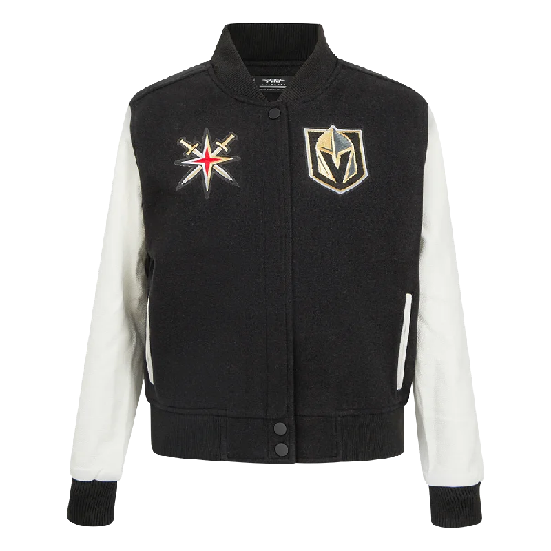 NHL VEGAS GOLDEN KNIGHTS CLASSIC WOMEN'S WOOL VARSITY JACKET (BLACK/WHITE) Print Jacket Jacquard Jacket Patchwork Jacket NHL VEGAS GOLDEN KNIGHTS CLASSIC WOMEN'S WOOL VARSITY JACKET (BLACK/WHITE) Print Jacket Jacquard Jacket Patchwork Jacket