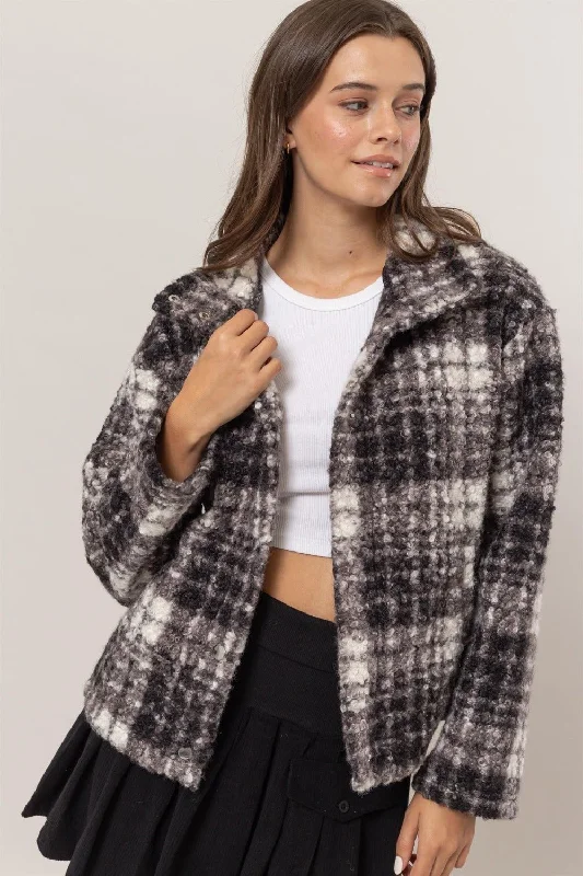 Plaid Boucle Jacket - Black Welt Pockets Slit Pockets Flap Pockets