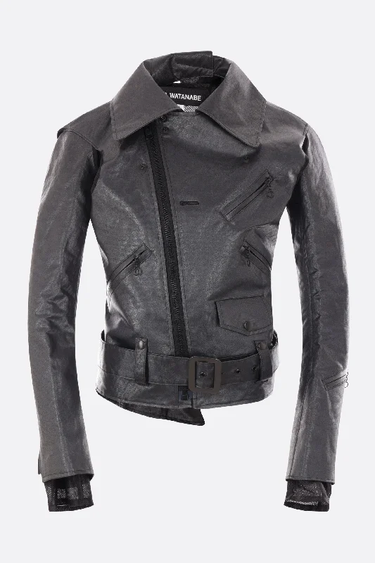 rigid technical fabric biker jacket Zippered Front Buttoned Front Snap Front