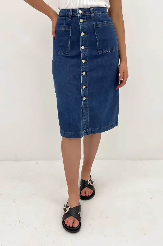Kaydyn Denim Midi Skirt Mid Blue leather skirt refined