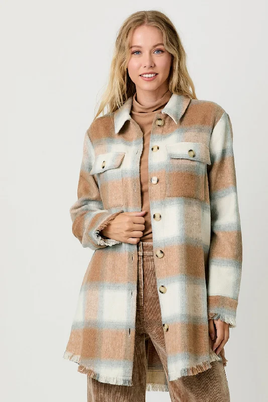 "Kostal Konnection" Fringe Long Plaid Jacket - Latte Faux Fur Fabric Real Fur Fabric Shearling Fabric "Kostal Konnection" Fringe Long Plaid Jacket - Latte Faux Fur Fabric Real Fur Fabric Shearling Fabric