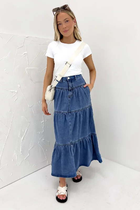 Leela Denim Midi Skirt Mid Blue corduroy skirt cozy
