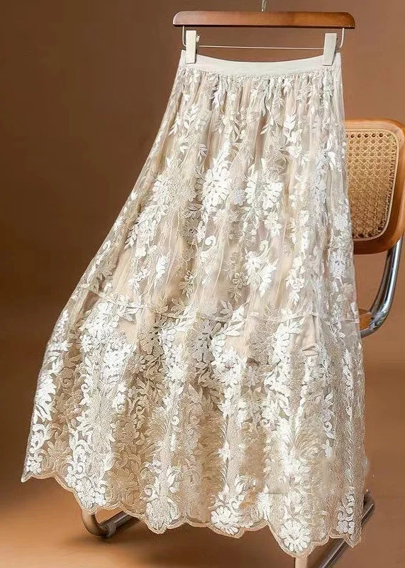 Loose Apricot Embroidered High Waist Tulle Skirt Summer a-line skirt cut